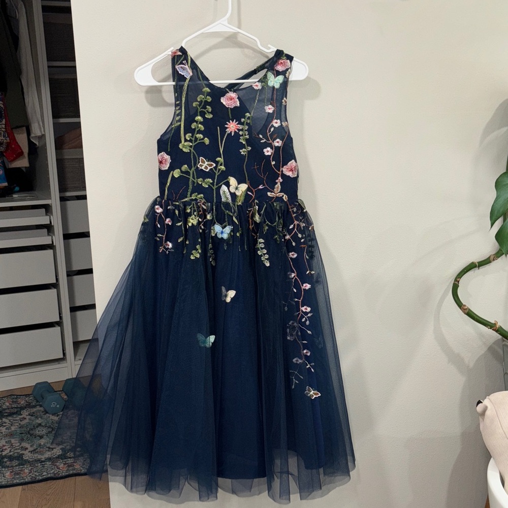 Floral Embroidered Navy Blue Kids Dress